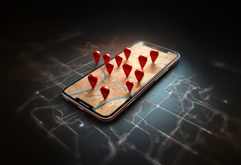 A smartphone with a digital map display is covered with red location pins.