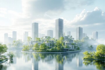 Fototapeta premium Modern cityscape with lush greenery and high-rise buildings by a serene lake under cloudy skies
