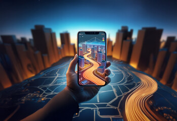 A hand holds a smartphone displaying a cityscape with a glowing river winding through it. The phone is positioned over a futuristic city map with glowing lines.