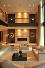 A cozy living room featuring modern interior design elements, blending luxury and contemporary styles. This inspirational space showcases elegant furniture, warm textures, and sophisticated decor, per