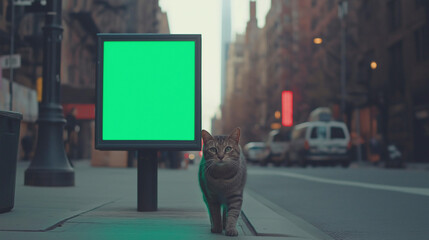Obraz premium A cat walks down a city street past billboard with a green screen