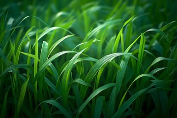 Obraz premium Lush green grass blades illuminated by soft light, creating a serene natural atmosphere.