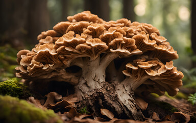 Detailed look at hen of the woods mushroom, layered brown clusters, tree base, soft forest light