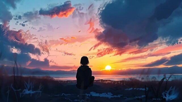 An anime a girl silhouette against a vibrant sky, lost in contemplation as the sun dips below the horizon.