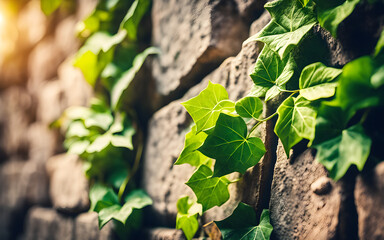 Obraz premium Macro of ivy leaves climbing wall, lush greens, filtered sunlight, urban garden ambiance, textured stone background