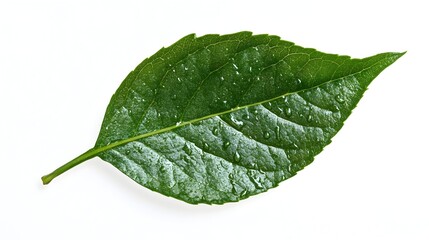 Obraz premium Bright Green Leaf with Dew Drops Against Clean White Background