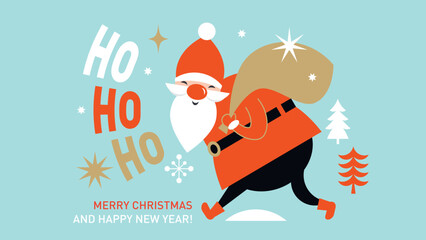 Merry Christmas Card, Santa Claus with gifts bag
