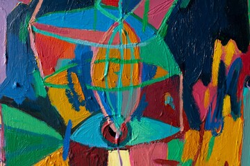 Modern abstract painting fragment in naive style -acrylic paint on canvas - creative poster, flyer, brochure. Art background, arts school texture, children's school. Bright abstract brush strokes.