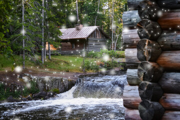 Image of a log cabin landscape by a snowy waterfront