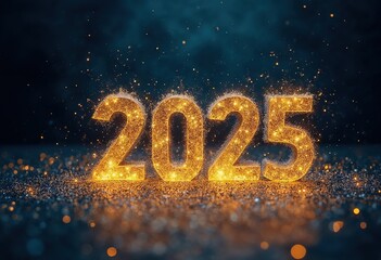 Happy new year 2025 typography greeting card, poster, banner with celebration elements. Happy new year walpaper.