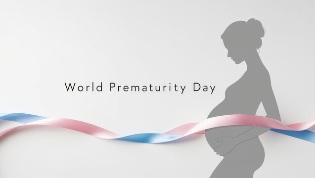 World Prematurity day concept. Banner with the inscription, blue and pink riboon and pregnant woman on white background. AI generated