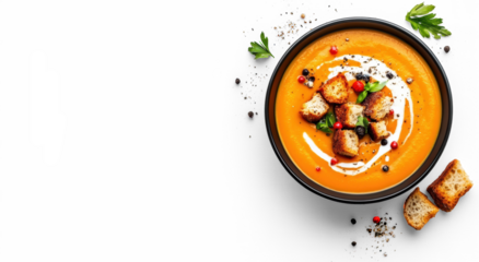 Pumpkin puree soup with croutons and herbs