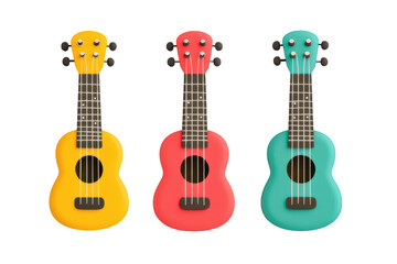 Obraz premium Brightly colored ukuleles in yellow, red, and turquoise showcase playful and vibrant design, perfect for music lovers and creative projects. 