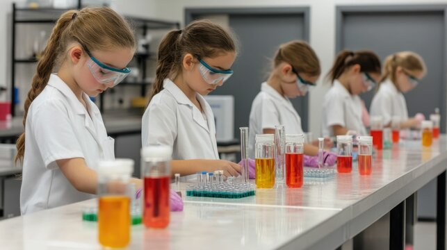 Group of elementary school students engaged in hands on science experiments and lab activities in a classroom setting