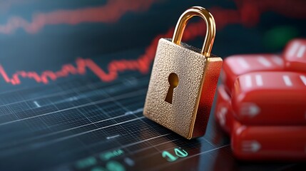 Miniature market screen displaying financial data and trading information protected by secure digital encryption 3D concept for investment finance and data security