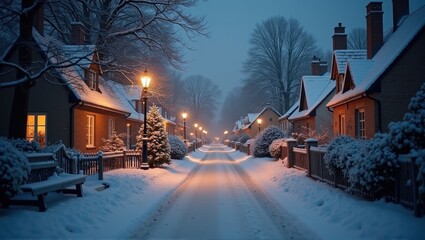 Snowy street at dusk with illuminated houses, serene winter scene, tranquil neighborhood, seasonal beauty. Generative, AI,