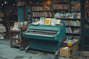 Fototapeta premium A Green Piano In Front of a Book-Filled Shop