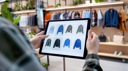 A customer browsing through an online clothing store, with product images visible on a tablet screen, with a physical clothing store in the background.