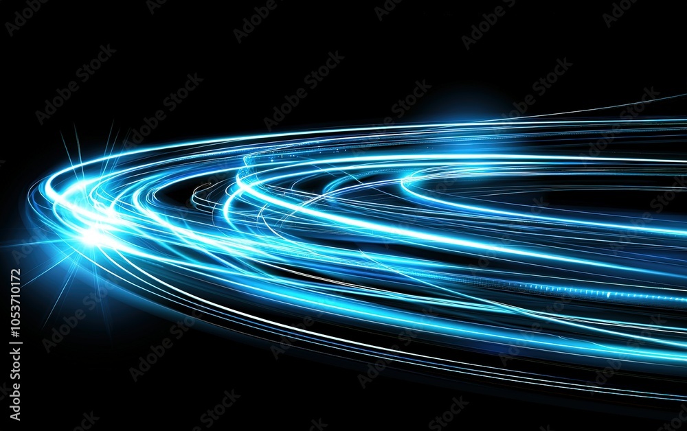Poster dynamic blue light trails creating a vibrant abstract pattern against a black background in a visual