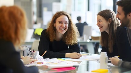 Fototapeta premium Smiling business people brainstorming together with notes 