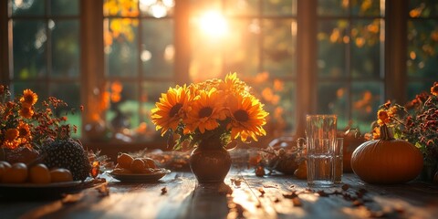 Warm Thanksgiving Table Setting with Sunflowers