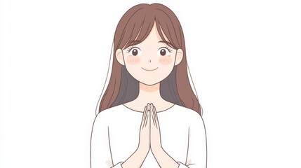 Cute cartoon girl with long brown hair and clasped hands, smiling in a front view.