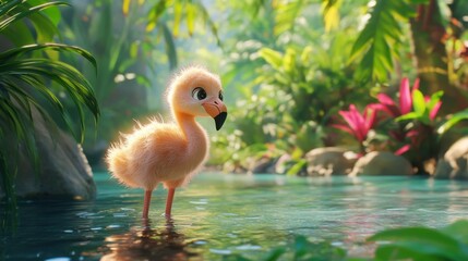 Obraz premium A cute baby flamingo in a clear lagoon, standing gracefully on one leg with vibrant foliage in the background.
