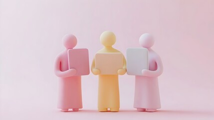 3D Clay Figures Passing Digital Files Between Them in Soft Pastel Colors with Minimal Art Style