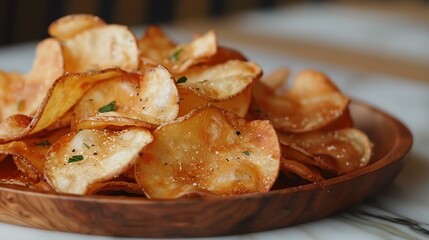 A close-up of a plate of crispy potato chips, with a wooden bowl, sprinkled with salt, and herbs.