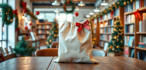 Obraz premium Eco-friendly cloth gift bag on cozy wooden table in holiday-decorated bookstore with blurred background created with generative AI