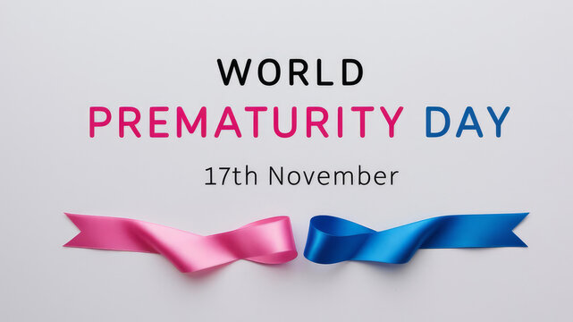 World Prematurity day concept. Banner with the inscription, blue and pink riboon on white background. AI generated
