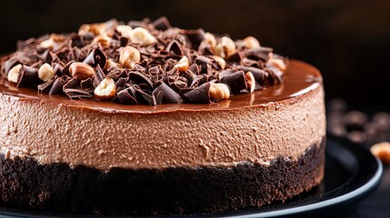 Close-up of a decadent chocolate cheesecake topped with chocolate shavings and hazelnuts.