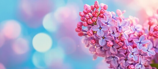 Obraz premium Close-up of a lilac flower with a soft, blurred background of light blue and pink.