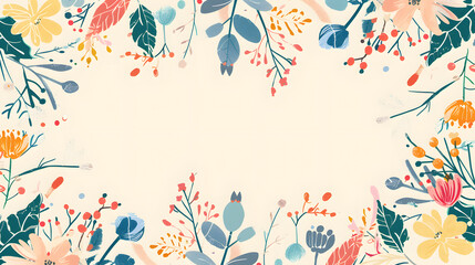 Obraz premium A vibrant floral frame with leaves, berries, and abstract botanical elements, perfect for greeting cards, invitations, and seasonal designs