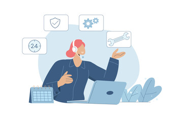 Technical support or customer service, Hotline, Call center representative, Online customer consultation or feedback, Female employee wearing headphones helps serve customers. Vector design.