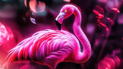Naklejka premium A layered illustration of a glowing neon pink flamingo, vibrant light accents creating a modern, dynamic vibe.