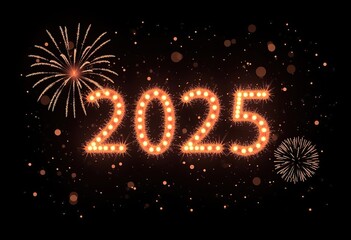 Happy new year 2025 typography greeting card, poster, banner with celebration elements. Happy new year walpaper.