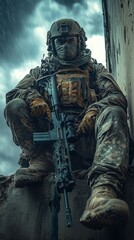 Soldier in combat gear sitting.