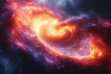 A fiery nebula swirls in a spiral, its orange and red colors contrasting with the deep blue of space.