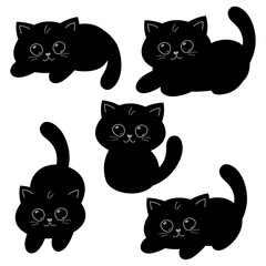 Cute black kitten in different poses, vector set, funny pets, playful kitten. Vector illustration on white background.