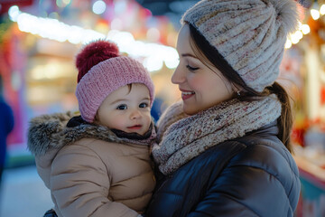 Obraz premium Generative AI image of joyful winter Christmas fair with snow falling festive lights, perfect for holiday and celebration themes