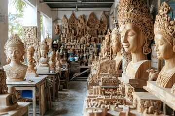 Fototapeta premium Workshop Filled with Intricately Carved Wooden Buddha Statues