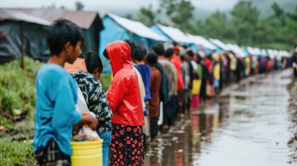 People lining up in a queue to receive food water