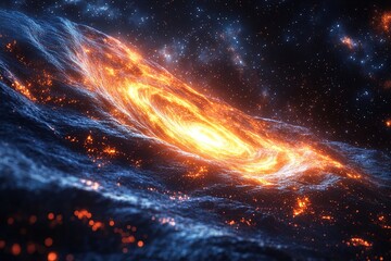 A fiery, swirling galaxy with a bright, intense core against a dark, starry background.