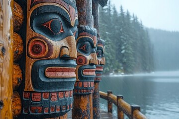 Carved Totem Poles with Faces Against a Rainy, Lake Background