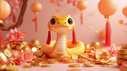 Chinese new year 2025. A snake with a traditional red Oriental lantern