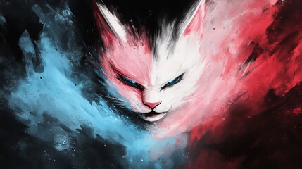  A cat's face painting with blue eyes against red, white, and blue clouded backdrop