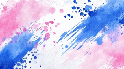 Fototapeta premium A painting of blue, pink, and white hues; white background speckled with blue and pink splatters