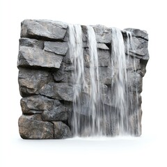 A beautiful artificial waterfall cascading over textured stone blocks, creating a tranquil and serene atmosphere for gardens and outdoor spaces.