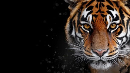  A tight shot of a tiger's face against a black backdrop, adorned with snowflakes in the foreground